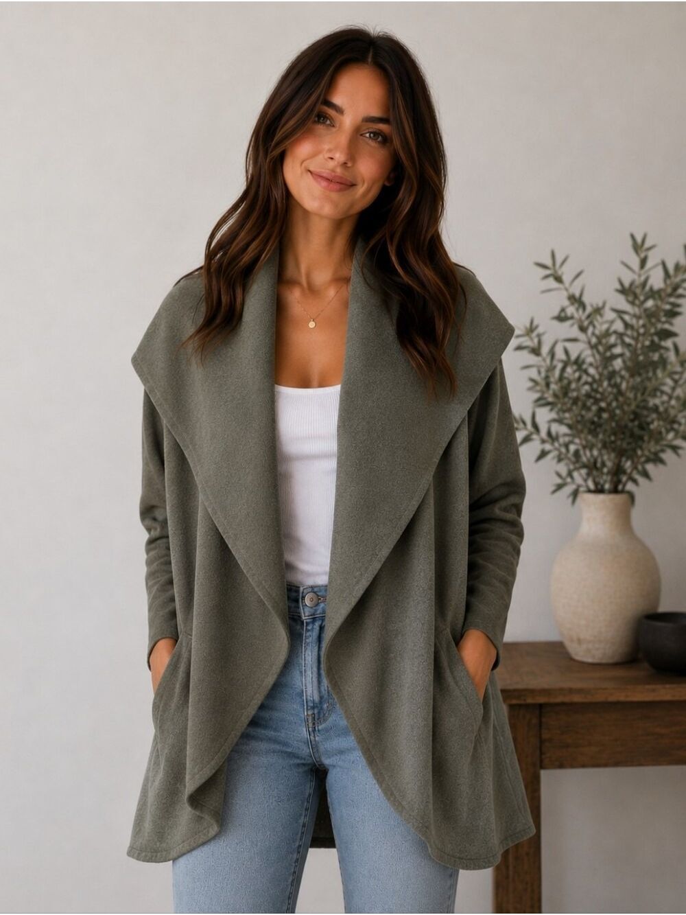 OLIVE + OAK OVERSIZED OPEN FRONT GREEN FLEECE CARDIGAN LIKE NEW SIZE XS / SM